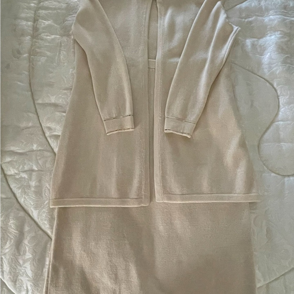 St. John Elegant Cream Knit Cardigan and Skirt Set